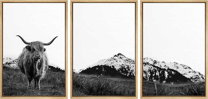 SIGNWIN 3 Piece Framed Canvas Wall Art Highland Cattle in Front of Snowy Mountain Duotone Black and White Canvas Prints Home Decoration for Living Room,Bedroom - 16"x24"x3 Natural