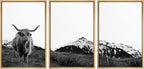 SIGNWIN 3 Piece Framed Canvas Wall Art Highland Cattle in Front of Snowy Mountain Duotone Black and White Canvas Prints Home Decoration for Living Room,Bedroom - 16"x24"x3 Natural