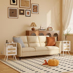 Rattan Nightstand with Charging Station,Farmhouse Bedside Table with 2 Storage Drawer and Open Wood Shelf, for Bedroom and Small Spaces,Night Stand with Solid Wood Legs (White-Outlet)