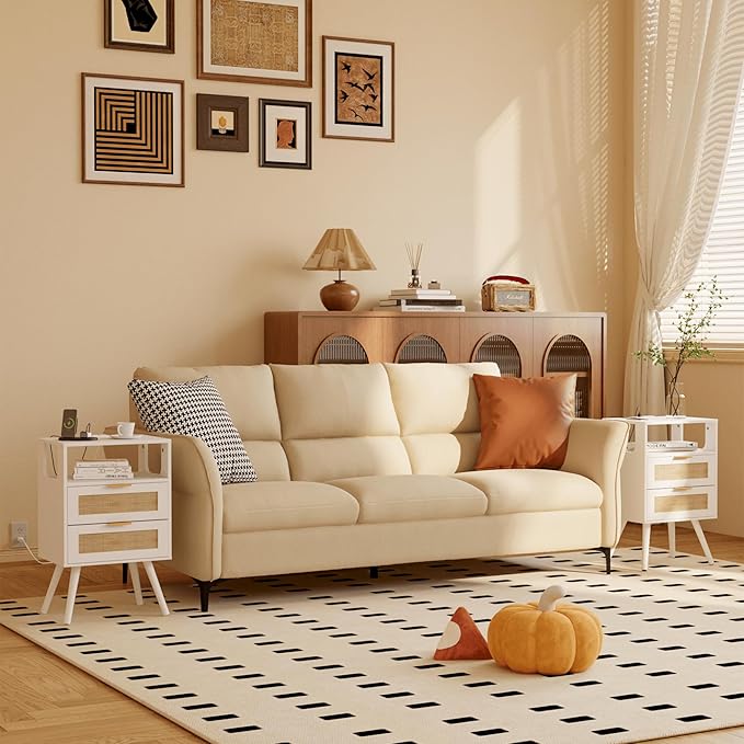 Rattan Nightstand with Charging Station,Farmhouse Bedside Table with 2 Storage Drawer and Open Wood Shelf, for Bedroom and Small Spaces,Night Stand with Solid Wood Legs (White-Outlet)