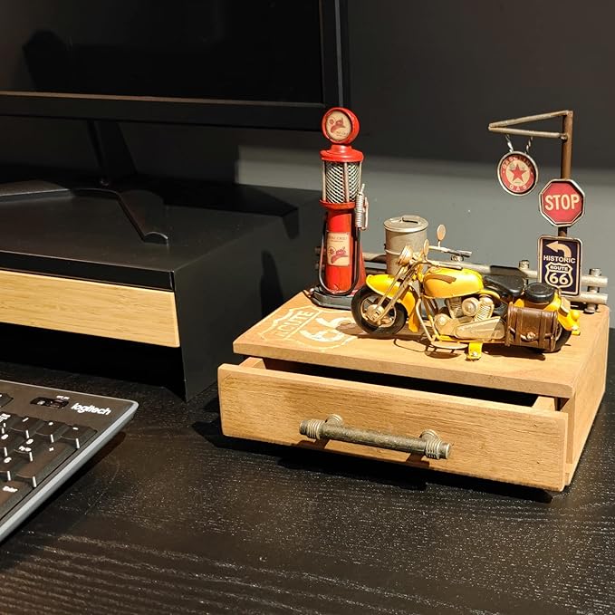 Route 66 Desk Table Decor Gas Station Model Miniature Storage Box Decoration Vintage Gas Pump Motorcycle Model Organizer Drawers Jewelry Box Ring Trinket Case Cabinet Retro Home Decor