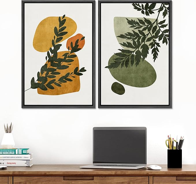 SIGNFORD Framed Canvas Print Wall Art Set Mid-Century Forest Fern Leaf Collage Abstract Shapes Illustration Modern Art Decorative Nordic Nature for Living Room, Bedroom, Office - 16"x24"x2 Black