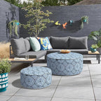 Inflatable Ottoman Stool D31 xH14 for Outdoor/Indoor Use, Water Repellent Patio Foot Rest Stool with Portable Handle,Round Pouf Ottoman Suitable for Garden,Deck and Camping - Medallion Blue