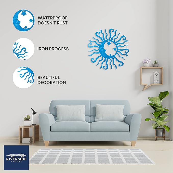 Riverside Designs Wacky Solar Moon Metal Wall Art Steel Outdoor Decor | Heavy-Duty and Waterproof | Made in USA (Teal, 24L x 24W)