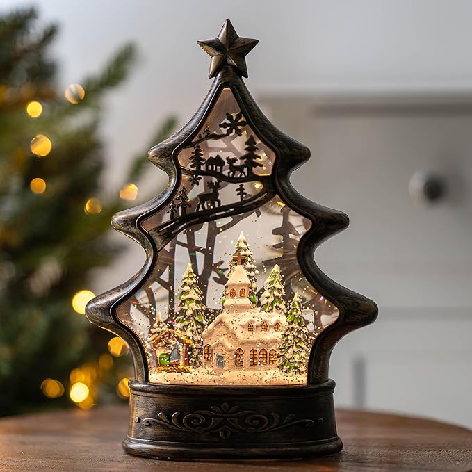 Musical Snow Globe Christmas Tree Lantern Lighted Church with Nativity Manger Scene Water Lantern in Swirling Glitter, Christmas Home Decoration and Gift, Battery Operated or USB Powered