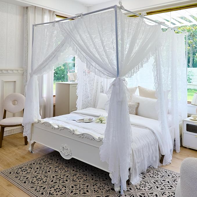 AIKASY Elegant Lace Princess 4-Poster Bed Canopy Mosquito Net - Romantic Wedding Bridal Bedroom Decor, Kids Room Bed Curtain for Women Adults - (White-3,King)