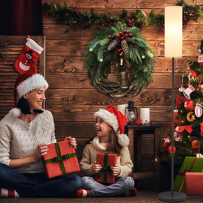 Ambimall Floor Lamp for Living Room with 3 Color Temperatures Bulb, 64" Standing lamp with Linen lampshade for Bedroom, Minimalist Pole Lamp, White Shade & Black Pole