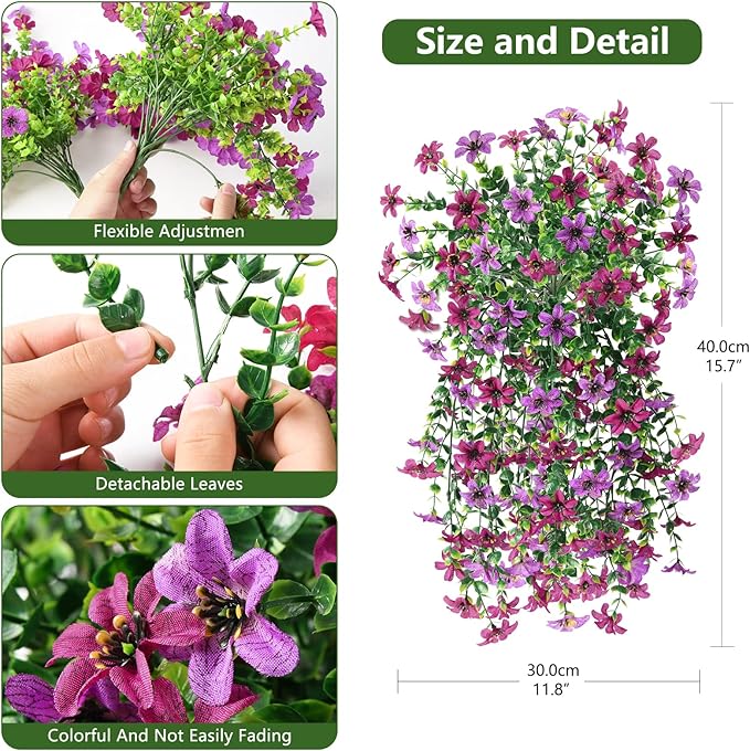Artificial Faux Hanging Flowers Plants for Outdoor Summer Decoration, 2 PCS Fake Silk Flowers for Outside Daisy Planter UV Resistant Look Real for Patio Porch Home Decor(Mix Purple)