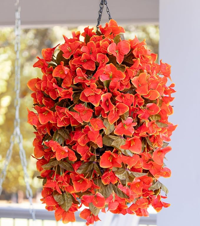 Bougainvillea Artificial Fall Flowers Fake Plants for Outdoors Autumn Decoration, 3PCS Faux Silk Hanging Trailing Vines with Baskets UV Resistant Realistic for Front Door Patio Balcony, Fall Orange