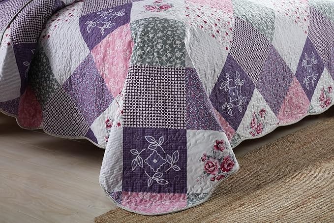Travan Bedspread Quilt Set 3-Piece Lightweight Coverlet Set with Shams Reversible Quilted Bedding Set for All Season, Purple Floral, Queen Size