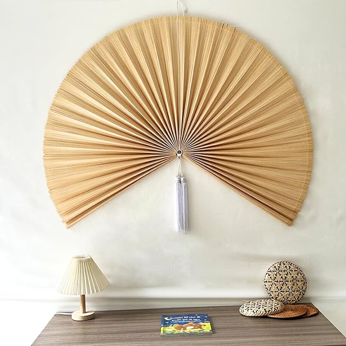 Fan Wall Decor, Japanese Giant Fan, Large Bamboo Fan Wall Art For Boho Hanging Headboard, Decorative Folding Fans For Over Bed, Asia Trending (Ivory 31inch)