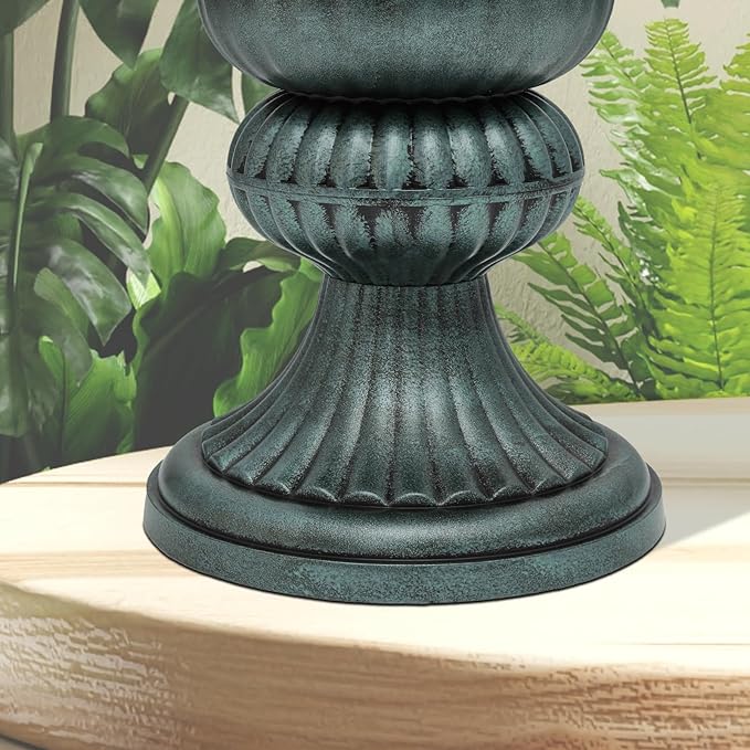 Athena Collection 20''H Garden Plastic Urn Vintage Tall Planter Urn Patio Large Flower Pot Porch Planter Large Planter for Indoor Outdoor Plant, Dark Green