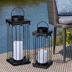 Solar Lantern Decorative Outdoor Set of 2 (18’’ & 15’’) Modern Black Metal Lanterns with Solar Candles, Decorative Candle Lanterns for Outdoor Porch, Patio, Garden, Yard Decor