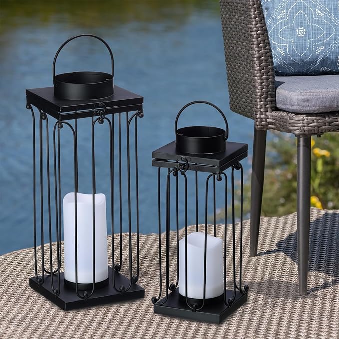 Solar Lantern Decorative Outdoor Set of 2 (18’’ & 15’’) Modern Black Metal Lanterns with Solar Candles, Decorative Candle Lanterns for Outdoor Porch, Patio, Garden, Yard Decor