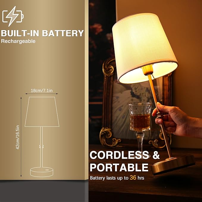 Rechargeable LED Cordless Table Lamp, 5200mAh Battery Operated, 3 Level Brightness, Portable Night Bedside Lamp, Ambient Desk Light for Home Decor, Patio, Restaurant, Dinning(Antique Brass)