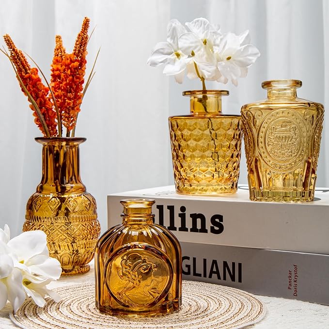 Glass Bud Vases Set of 10, Small Flower Vase in Bulk for Centerpieces, Mini Vintage Amber Vases for Rustic Wedding Vintage Home Table Decor