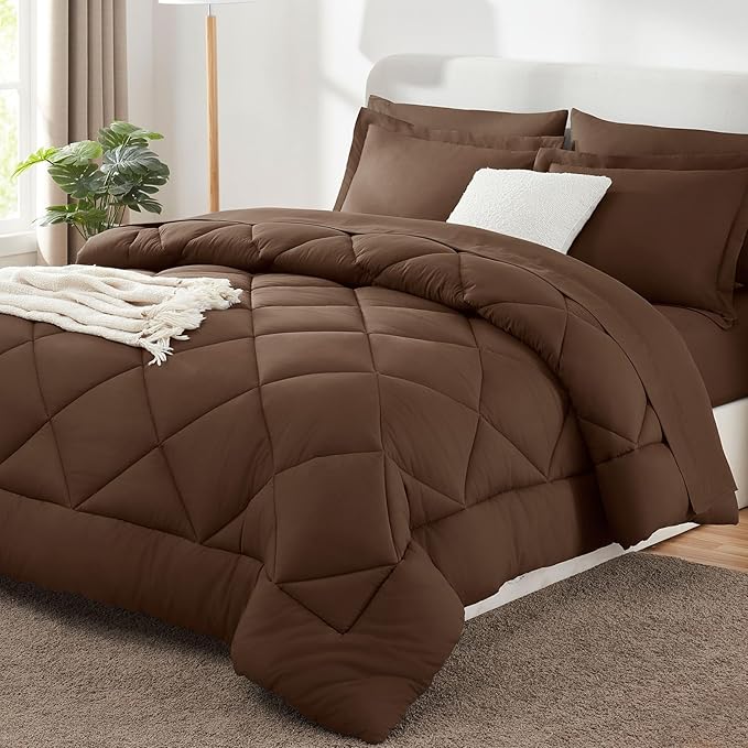 CozyLux King Size Comforter Set Brown - 7 Pieces Bed in a Bag King, Luxury Soft Bed Set for All Seasons, Bedding Set with Down Alternative Comforter, Sheets, Pillowcases & Shams
