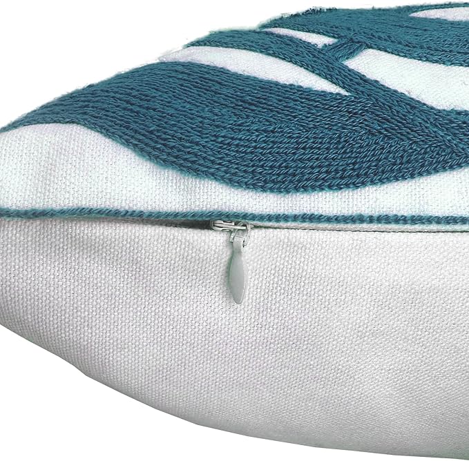 Alysheer Farmhouse Floral Leaves Embroidered Decorative Throw Pillow Cover 18x18 inches, Boho Tufted Flowers Embroidery Pattern Chic Cotton Cushion Case for Couch Bed Sofa Living Room(Teal Blue)