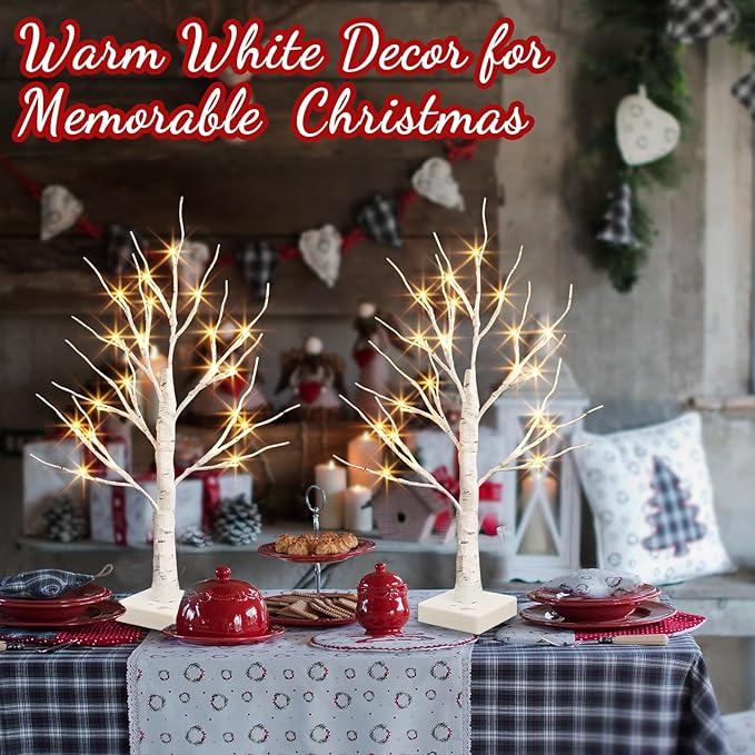 PABIPABI Christmas Decorations 2 Pack Lighted Birch Tree, Artificial Tree with 24 LED Warm White Lights Battery Powered Timer Room Decor, Tabletop Ceterpieces Trees for Home Party Wedding Decor (2FT)