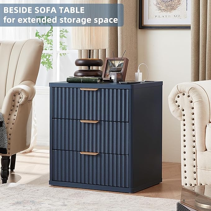 LEYAOYAO Fluted Nightstand with Charging Station, 23" Modern Night Stand with Woodgrain Top, 3 Drawers End Table w/Storage, Bedside Tables for Bedroom, Living Room, Curved Profile Design, Blue