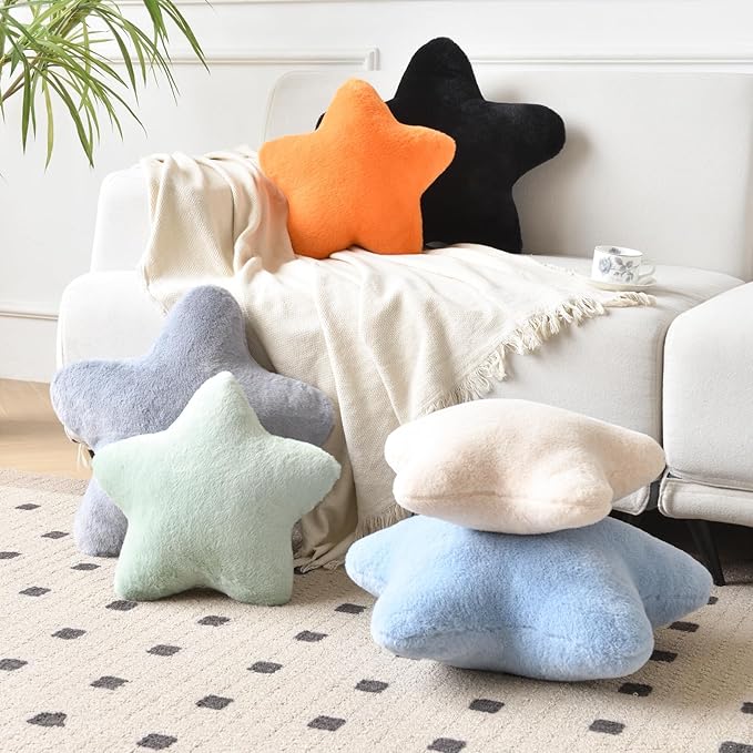 Xiashrk Star Pillow, Decorative Throw Pillows for Bed Couch, 15" Star Shaped Pillow Plush Floor Cushions Room Decor Pillow with Faux Rabbit Fur for Sofa Bedroom Living Room (Black, 15" x 15")