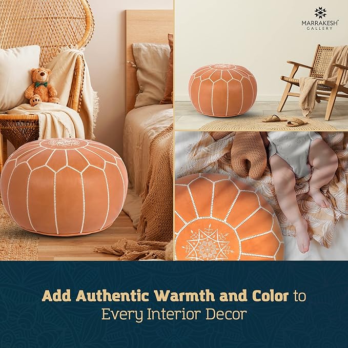 Marrakesh Gallery Genuine Leather Round Pouf Unstuffed - Moroccan Ottoman Footstool, Footrest Cover - Boho Decor - Bohemian Living Room, Bedroom, Kids Room, Gift & Wedding