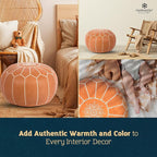 Marrakesh Gallery Genuine Leather Round Pouf Unstuffed - Moroccan Ottoman Footstool, Footrest Cover - Boho Decor - Bohemian Living Room, Bedroom, Kids Room, Gift & Wedding