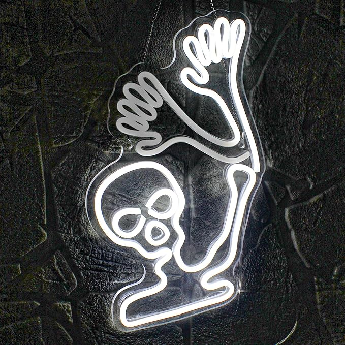 WLHOPE Skull Neon Signs - White LED Skeleton Skull Signs for Wall Decor, Halloween Decor, USB Waving Ghost Neon Light Up Signs for Bedroom, Kid's Room, Bar, Club, Shops, Party Decoration