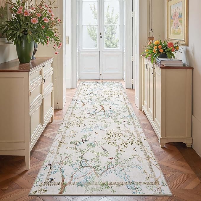 jinchan Ivory Botanical Birds 3x10 Runner Rug for Hallway Washable Non Slip Soft Nature Plants Modern Kitchen Runner Carpet Vintage Ultra Thin Low Pile Rug for Entryway Living Room Kitchen Laundry