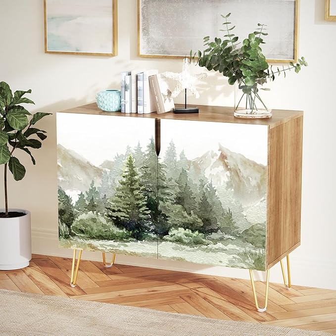 SIGNWIN Sideboard Buffet Cabinet, Kitchen Storage Cabinet with 2 Doors, Pastel Watercolor Pine Tree Fores, Cupboard Console Table for Dining Room - 35" L x 18" W x 29" H