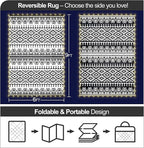 6x9ft Waterproof Outdoor Rug with LED Lights, Bohemia Reversible Plastic Straw Mat for Patio RV Camping Picnic Balcony Beach Deck Indoor Outdoor Carpet, Black&White