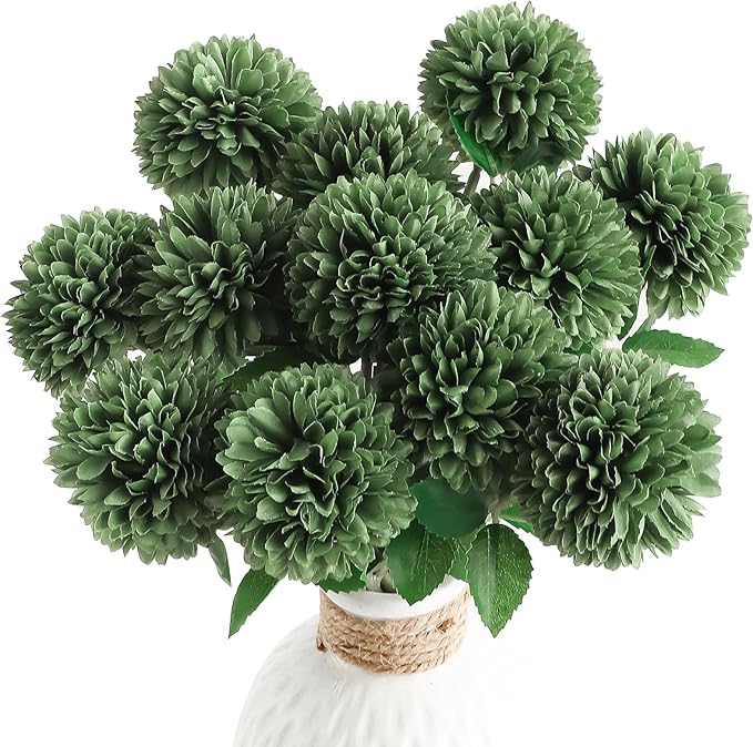 Floroom 12pcs Emerald Green Faux Silk Mums Artificial Flowers Bulk Fake Chrysanthemums with Stems for DIY Wedding Table Centerpieces Floral Arrangements Vase Fillers Home Decorations