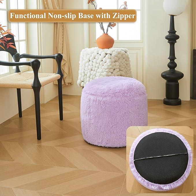 XeGe Fluffy Faux Fur Inflatable Pouf Ottoman, Soft Fuzzy Foot Stool Light Purple, Furry Footrest Floor Pouf Anti-Slip Kid Girls Adult, Foldable Round Ottoman Cushion Living Room Bedroom, Lavender