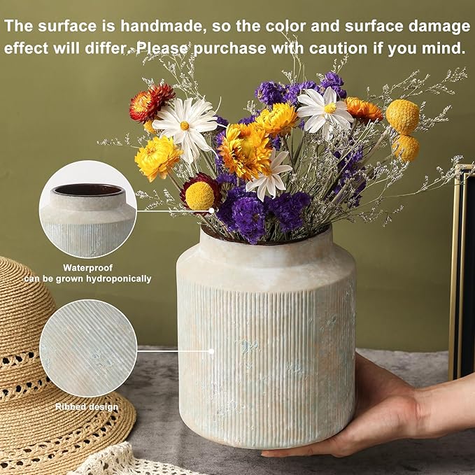 Farmhouse Vase for Home Decor, Vintage Rustic Terracotta Flower Vase Suitable for Home Decor, Living Room, Shelf, Dining Table. 7IN （Rust Green） ZSHLXM