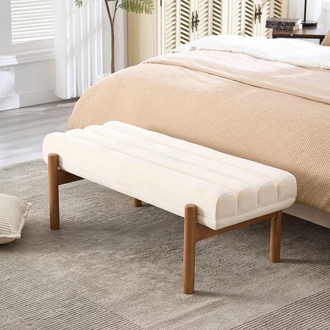 White Modern Bench Upholstered End of Bed Bench Chenille Fabric Bedroom Bench for Entryway Living Room Vanity Makeup Room, 47" Long, Wooden Legs