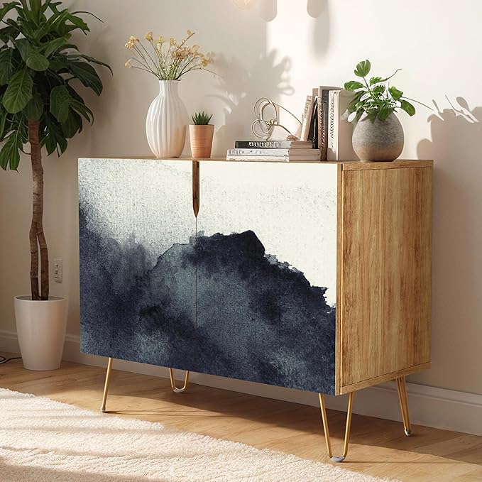 SIGNWIN Sideboard Buffet Cabinet, Kitchen Storage Cabinet with 2 Doors, Dark Duotone Watercolor Paint, Cupboard Console Table for Dining Room - 35" L x 18" W x 29" H