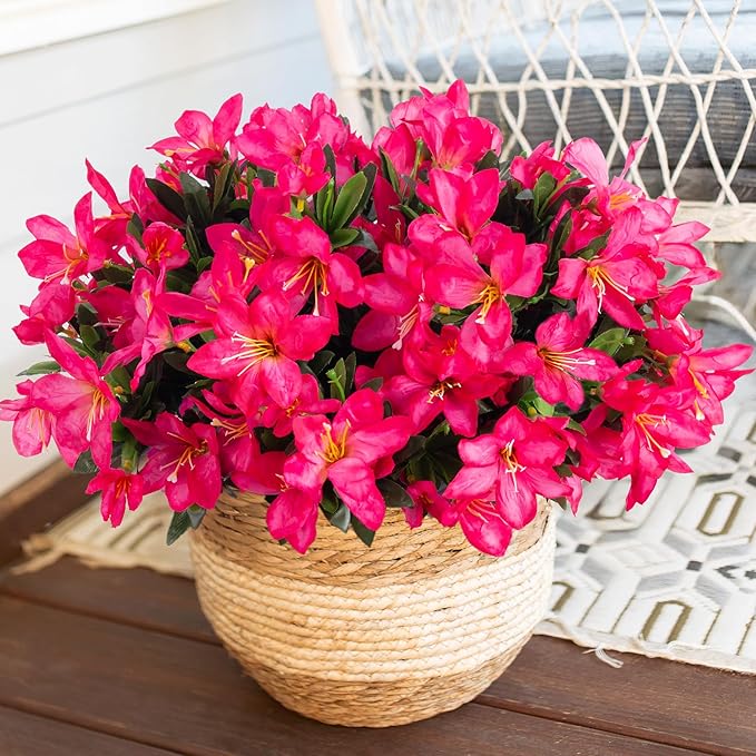 Artificial Flowers for Outdoors, 3 Bundles Fake Silk Azalea Bouquet Faux Flower Plants Outside Decoration UV Resistant Realistic Fake Flowers for Planter Front Door Patio Garden Walkways Home, Hotpink