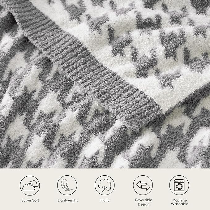 Snuggle Sac Houndstooth Throw Blanket for Couch, Reversible Super Soft Warm Blankets Cozy Knit Fuzzy Plush Lightweight Throws for Sofa, Bed, Camping, Grey,50x60 inches