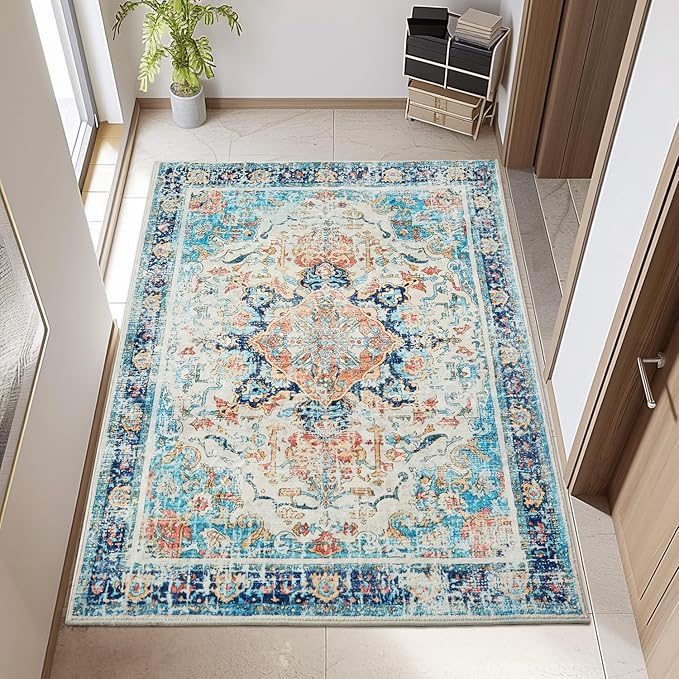 Topllen Washable Area Rug - 3'x5' Boho Bedroom Rug Indoor, Non-Slip Low-Pile Rugs for Living Room Bathroom Kitchen Front Door, Entry Throw Carpet Stain Resistance (Multi, 3x5ft)