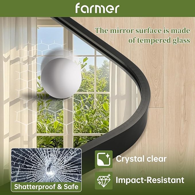 FARMER 22x30 Inch Black Bathroom Mirror, Rectangle Vanity Mirror, Brushed Mirrors for Wall, Metal Frame Hanging Mirror with Round Corner for Bedrooms, Entryways, Living Rooms, Horizontal/Vertical