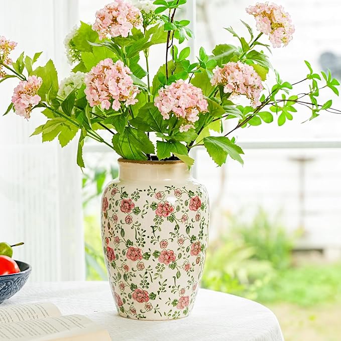 Sungmor Ceramic Flower Vase, Vintage Ice Cracked Glaze Porcelain Vase, Pretty Home Decor Vase for Flower Arrangement, Fresh Flowers, 10.2 Inch Tall Chinoiserie Pottery Vase, Pink Floral Pattern
