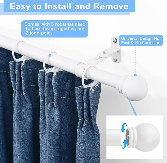 Curtain Rods for Windows 16 to 76 Inches, Curtain Rod Max Adjustable Length of 88 IN, 6/8" Diameter Drapery Rods Round Finials, White, Pack of 1