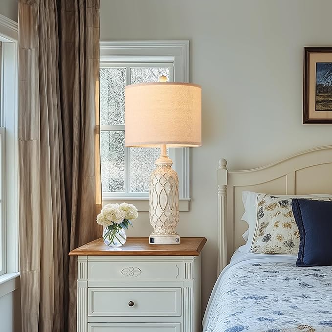 28" Table Lamps for Living Room Set of 2, Farmhouse Lamps for Bedroom with USB Ports, 3-Way Dimmable Nightstand Table Lamp (Bulbs Included)