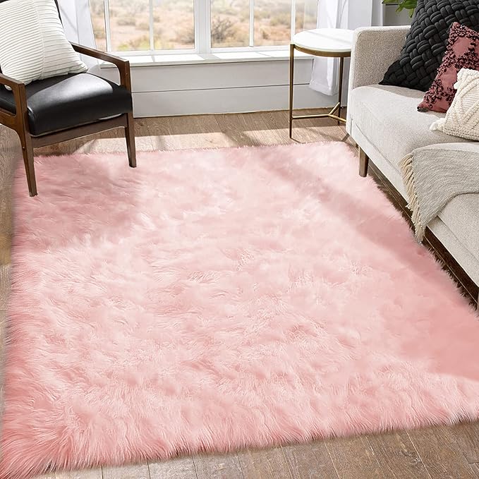 Goolela Pink Fuzzy Fluffy Rugs 6x9 Pink Furry Faux Fur Sheepskin Rug Plush Area Rug for Living Room Bedroom Soft Shag Rectangle Carpet Home Decor