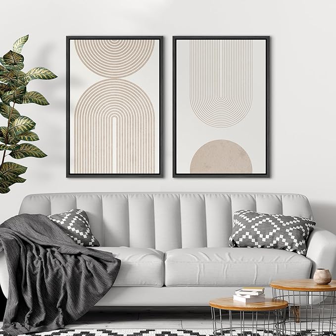 SIGNFORD Framed Canvas Print Wall Art Set Beige & White Duotone Geometric Spiral Polygons Abstract Shapes Illustrations Modern Art Decorative Minimalist Relax/Cozy for Bedroom - 16"x24"x2 Black