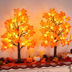 2 Pack 24 Inch Prelit Fall Maple Tree Fall Decor with 48 LEDs Timer Battery Operated Artificial Fall Light Up Tree Maple Acorn for Fall Thanksgiving Decorations Table Home Office Indoor Autumn Harvest