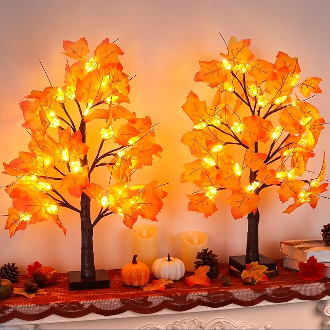 2 Pack 24 Inch Prelit Fall Maple Tree Fall Decor with 48 LEDs Timer Battery Operated Artificial Fall Light Up Tree Maple Acorn for Fall Thanksgiving Decorations Table Home Office Indoor Autumn Harvest