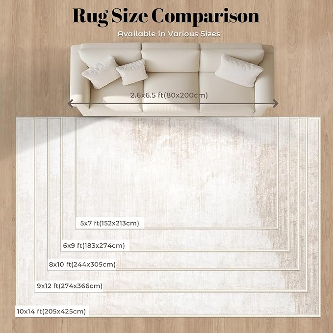 Area Rugs 6x9 Living Room: Washable Rug Modern Abstract Large Rug Soft Non Slip Neutral Rugs Stain Resistant Indoor Carpet for Bedroom Kitchen Dining Room Table Nursery Home Office Rugs(Beige,6'x9')