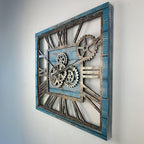 The Gears Clock 24'' Inch Square Real Moving Gear Wall Clock Vintage Industrial Oversized Rustic Farmhouse (Ocean Blue)