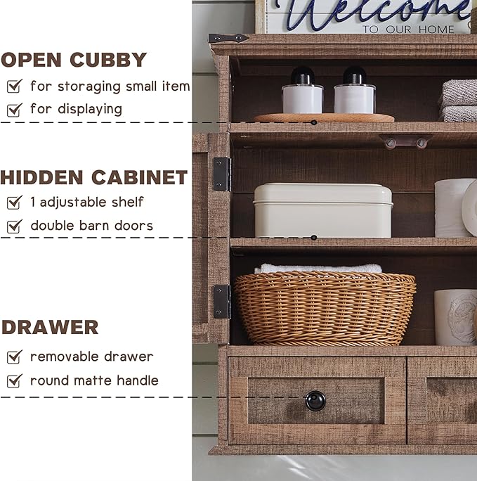Bathroom Wall Cabinet, Farmhouse 24" Wide Medicine Cabinet with Drawer, Adjustable Shelf, Double Barn Doors, Storage Cabinets for Bathroom, Kitchen, Living Room, Rustic Brown